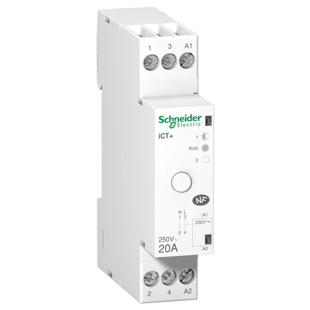 Contattore modulare Acti9 iCT+ 1P+N 1NA 20A 230Vca comando remoto HVAC LED