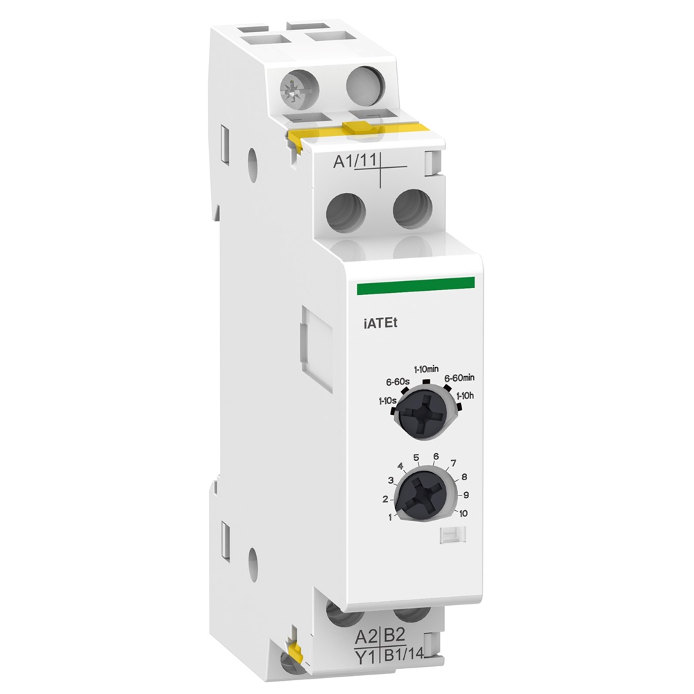 Ausiliario temporizzato Acti9 iATEt 24-240V CA/CC montaggio su guida DIN IP20/IP40 per relè e contattori
