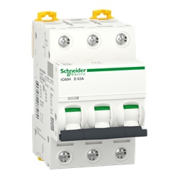 Interruttore magnetotermico 3 poli 63A curva D 10000A protezione cortocircuiti e sovraccarico guida DIN IP20 bianco