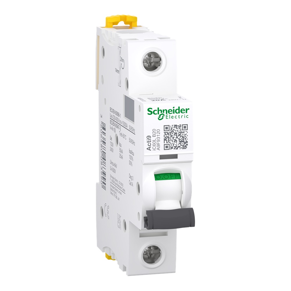 Interruttore magnetotermico miniaturizzato 1P B 20A 15000A protezione cortocircuiti e sovraccarichi installazione guida DIN