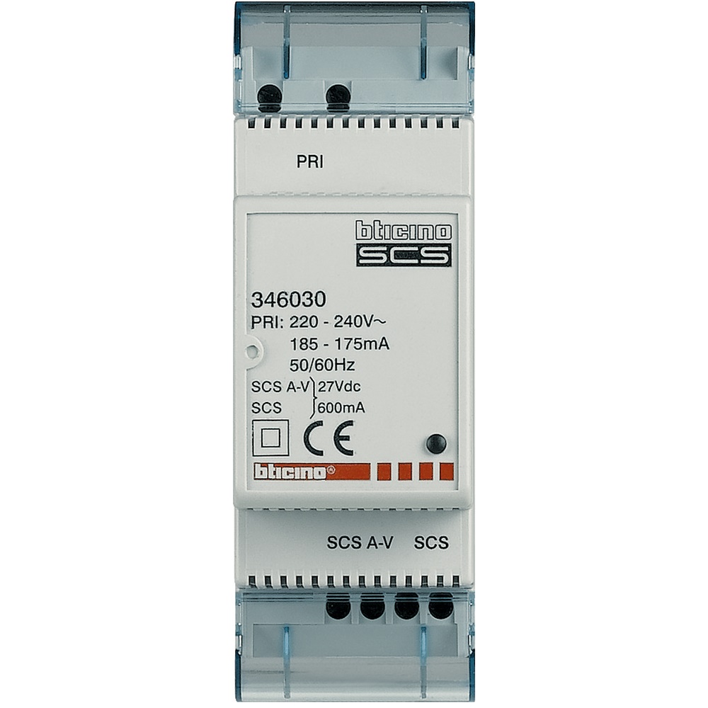Alimentatore compatto 2DIN 230V 27V DC 600mA per impianti video 2 fili e quadri elettrici