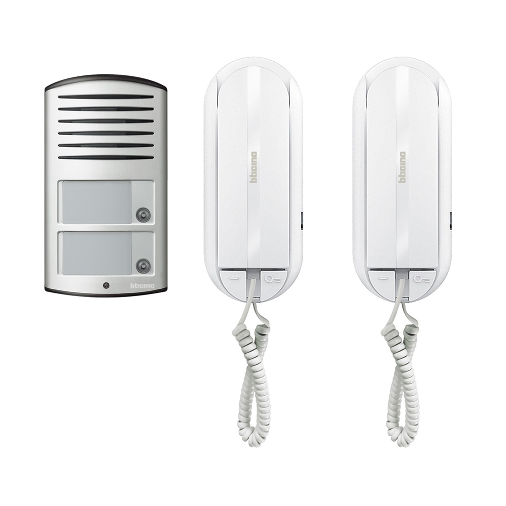 Kit audio bifamiliare Sprint L2 con pulsantiera Linea 2000 resistente IP54 per installazione esterna e interna
