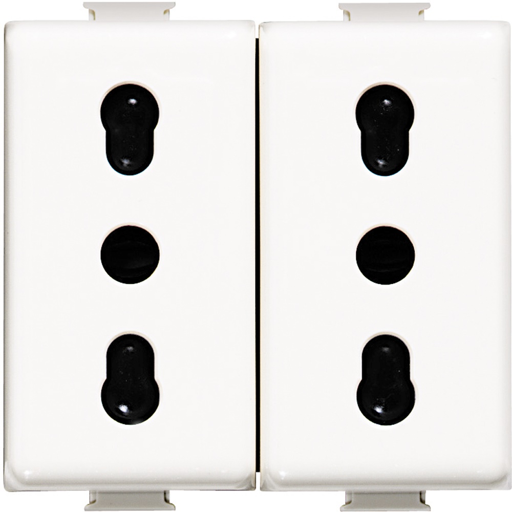 Presa elettrica duplex bipasso 10/16A 2P+T alveoli schermati colore bianco uso domestico e professionale