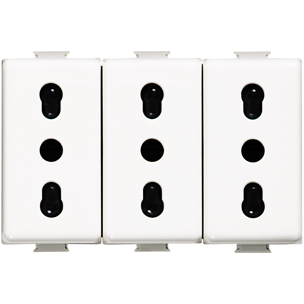 Presa triplex bipasso 10/16A 2P+T alveoli schermati bianco per impianti elettrici residenziali e industriali