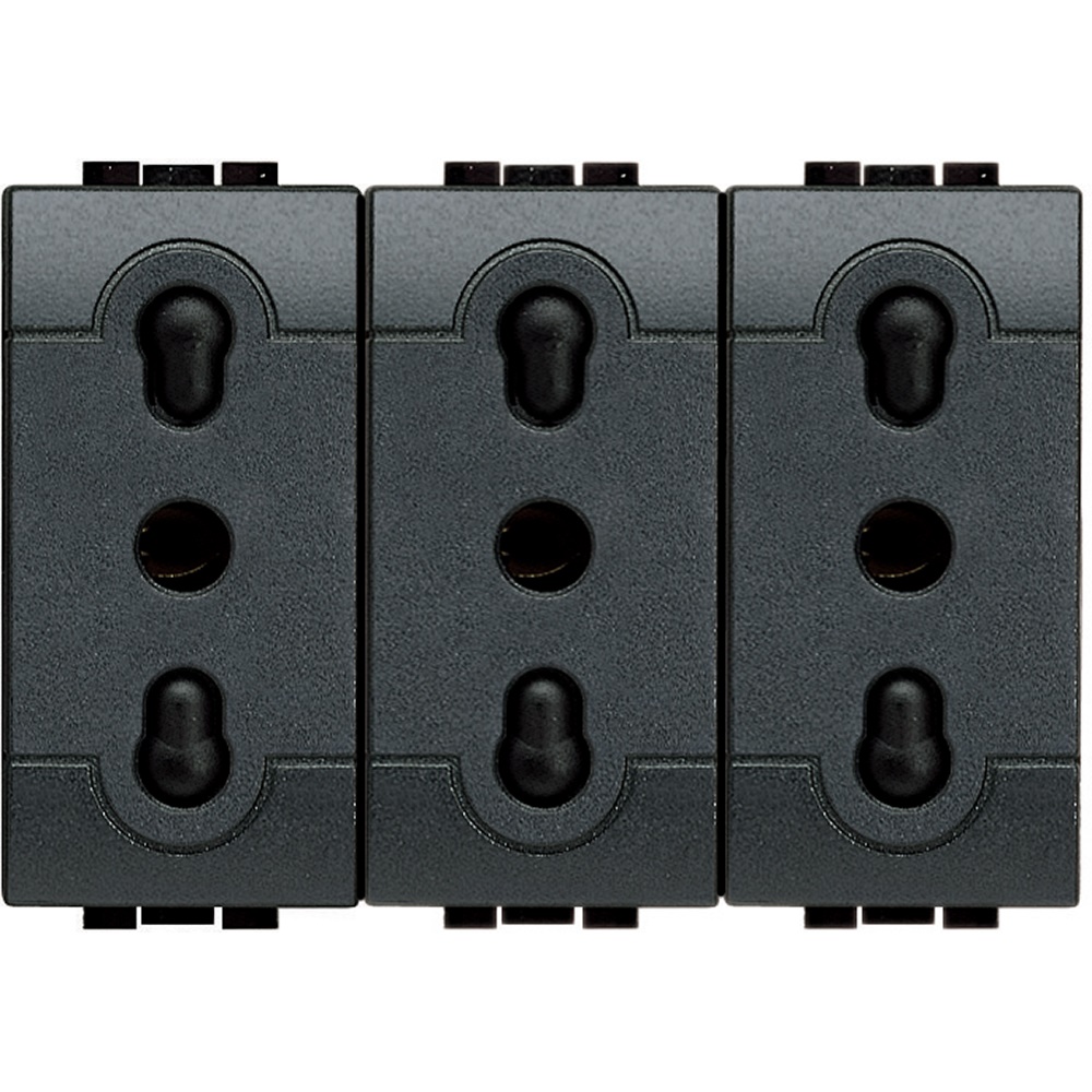 Presa triplex bipasso 10/16A 250V alveoli schermati antracite per uso interno living
