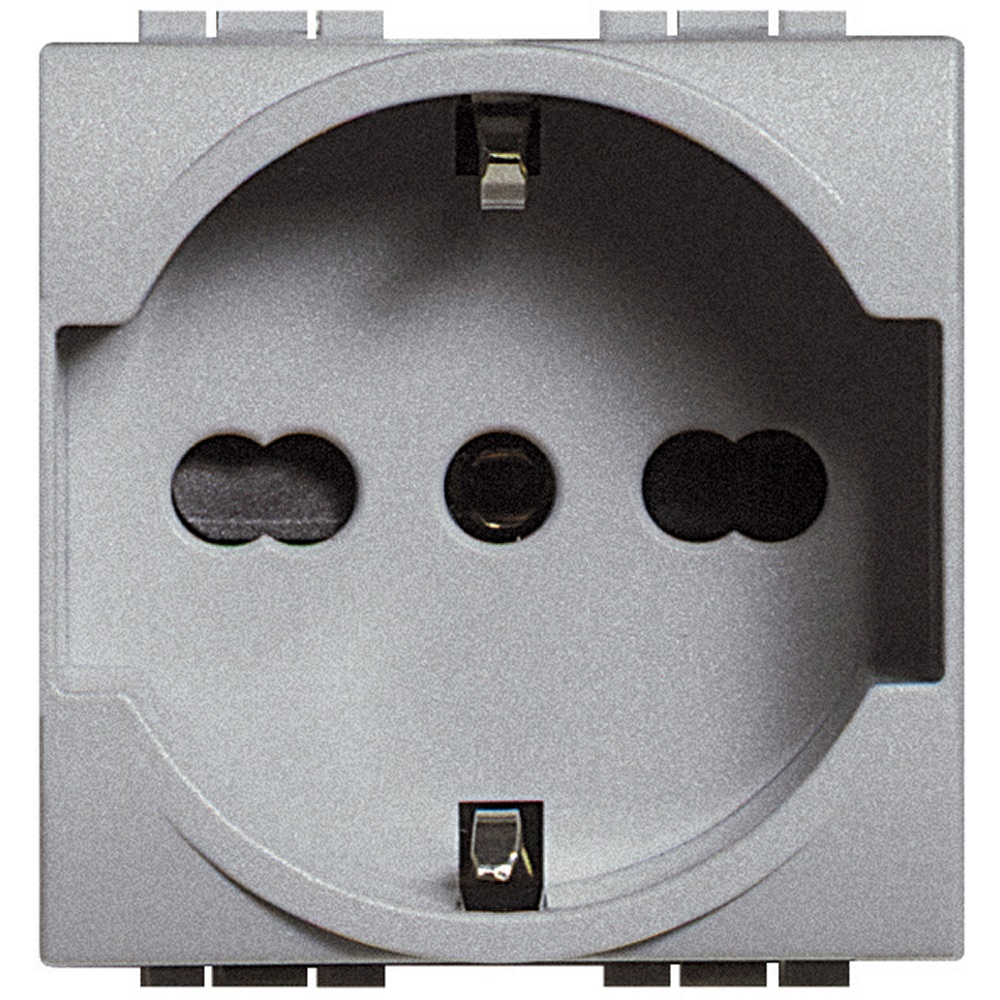 Presa elettrica bipasso 2P+T 16A 250V con contatti terra laterali e protezione, compatibile spine Italia e Germania, uso domestico e professionale