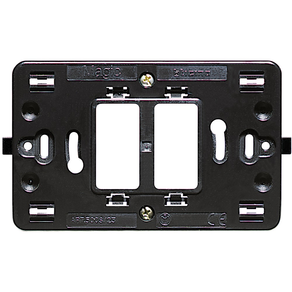 Supporto largo 2 posti con graffette per scatola tonda, montaggio incasso impianti elettrici modulari