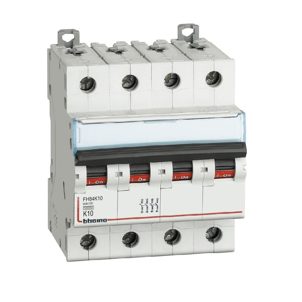 Interruttore magnetotermico 4 poli curva K 10A 10kA protezione impianti trifase neutro guida DIN