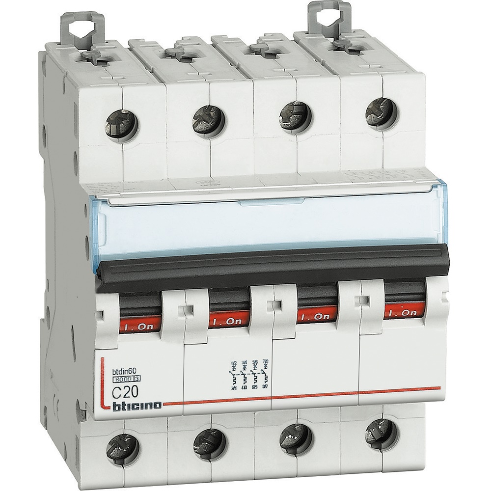 Interruttore magnetotermico 4 poli curva C 20A 6kA per protezione impianti elettrici trifase residenziali e industriali