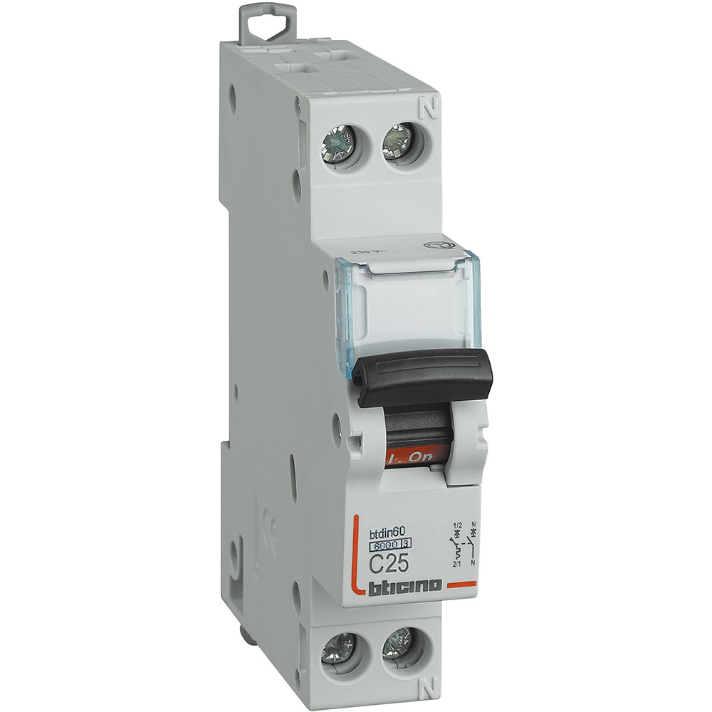 Interruttore magnetotermico 1P+N curva C 25A 6kA per impianti elettrici 230V