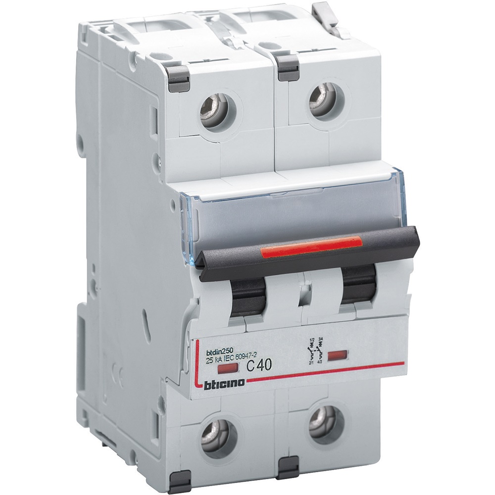 Interruttore magnetotermico bipolare 2P curva C 40A 25kA protezione circuiti elettrici residenziali industriali