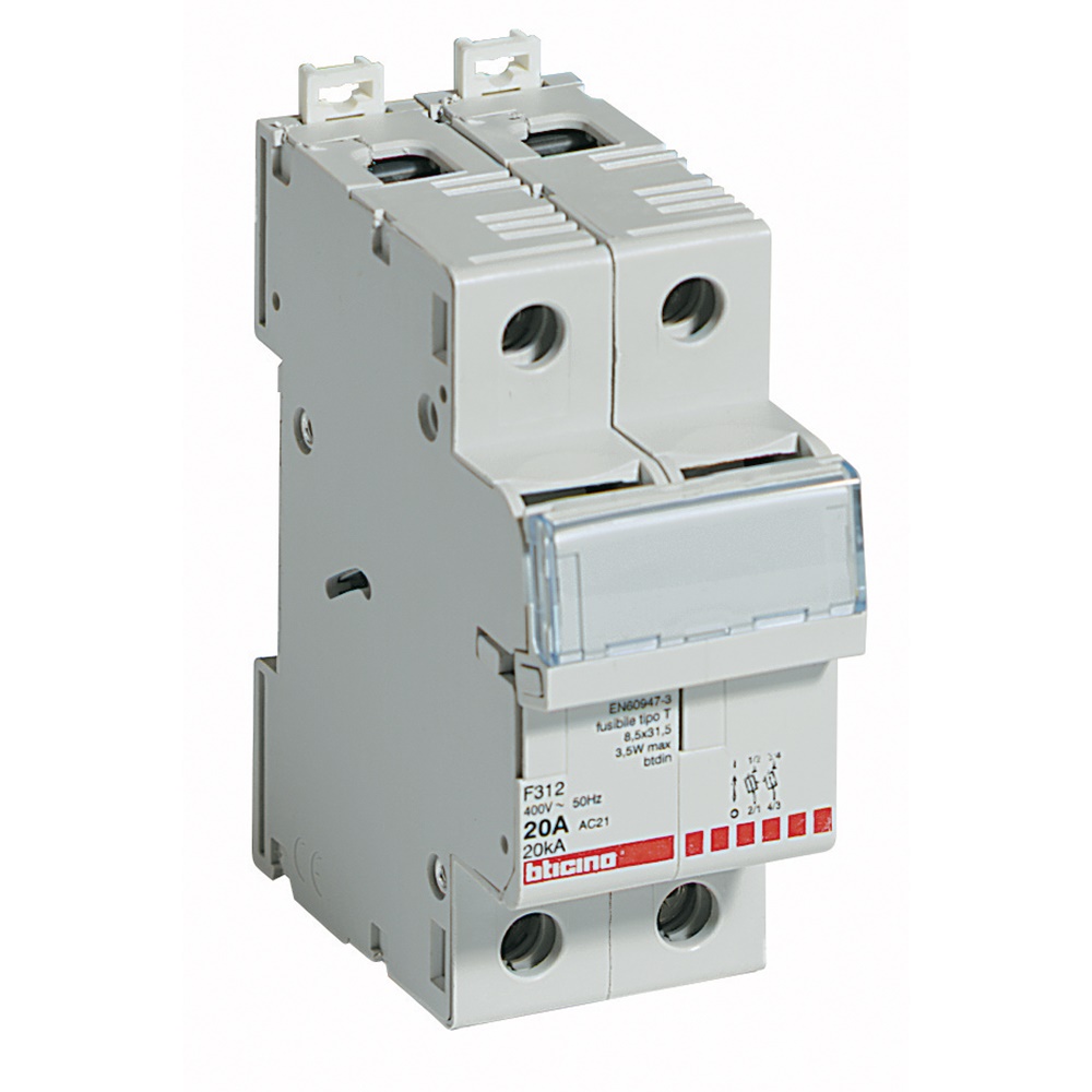 Portafusibile sezionabile 2 poli 20A 400V fusibili T 8,5x31,5 mm montaggio su guida DIN uso industriale e civile