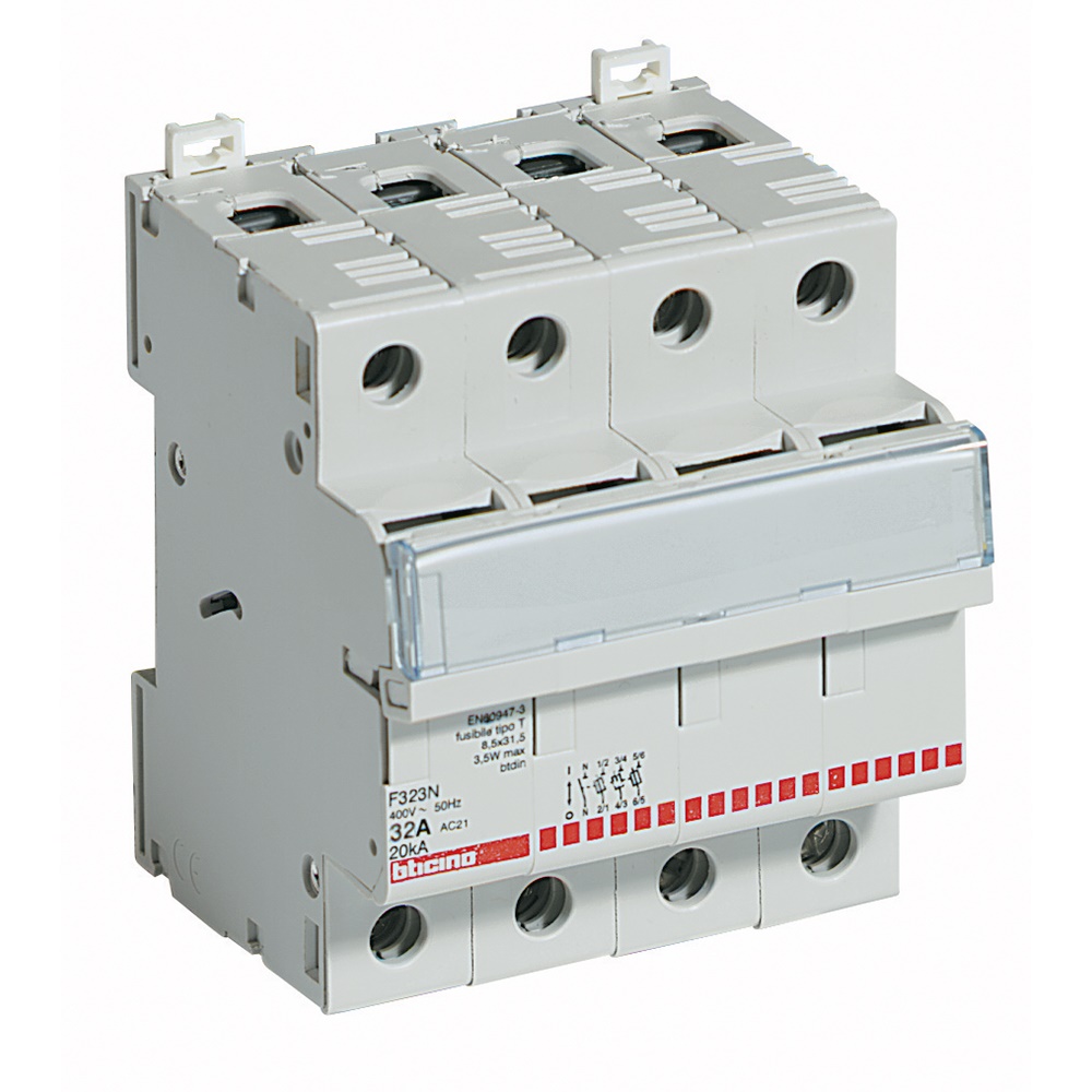 Portafusibile sezionabile 3P+N 32A 500V fusibili tipo F 10,3x38 mm per impianti elettrici