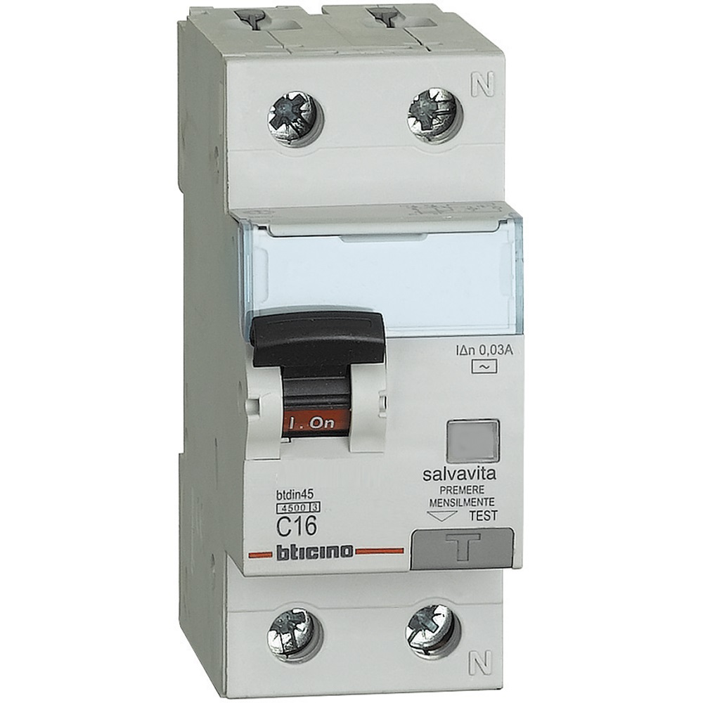 Interruttore magnetotermico differenziale Salvavita 1P+N tipo AC 16A 4,5kA 230 Vac 30mA 2 moduli 
