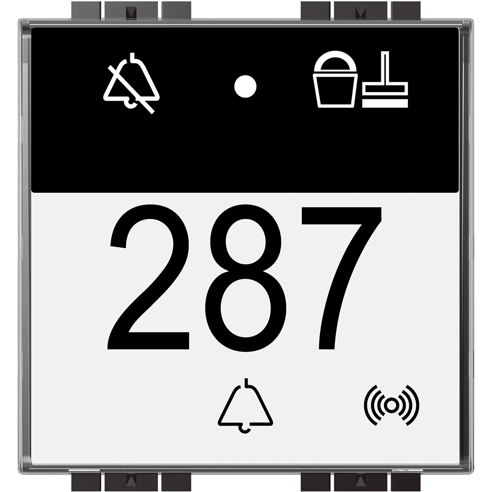 Lettore badge RFID hotel con funzioni Non Disturbare e Riordino, collegamento SCS-BUS, 2 moduli, gestione camere intelligente