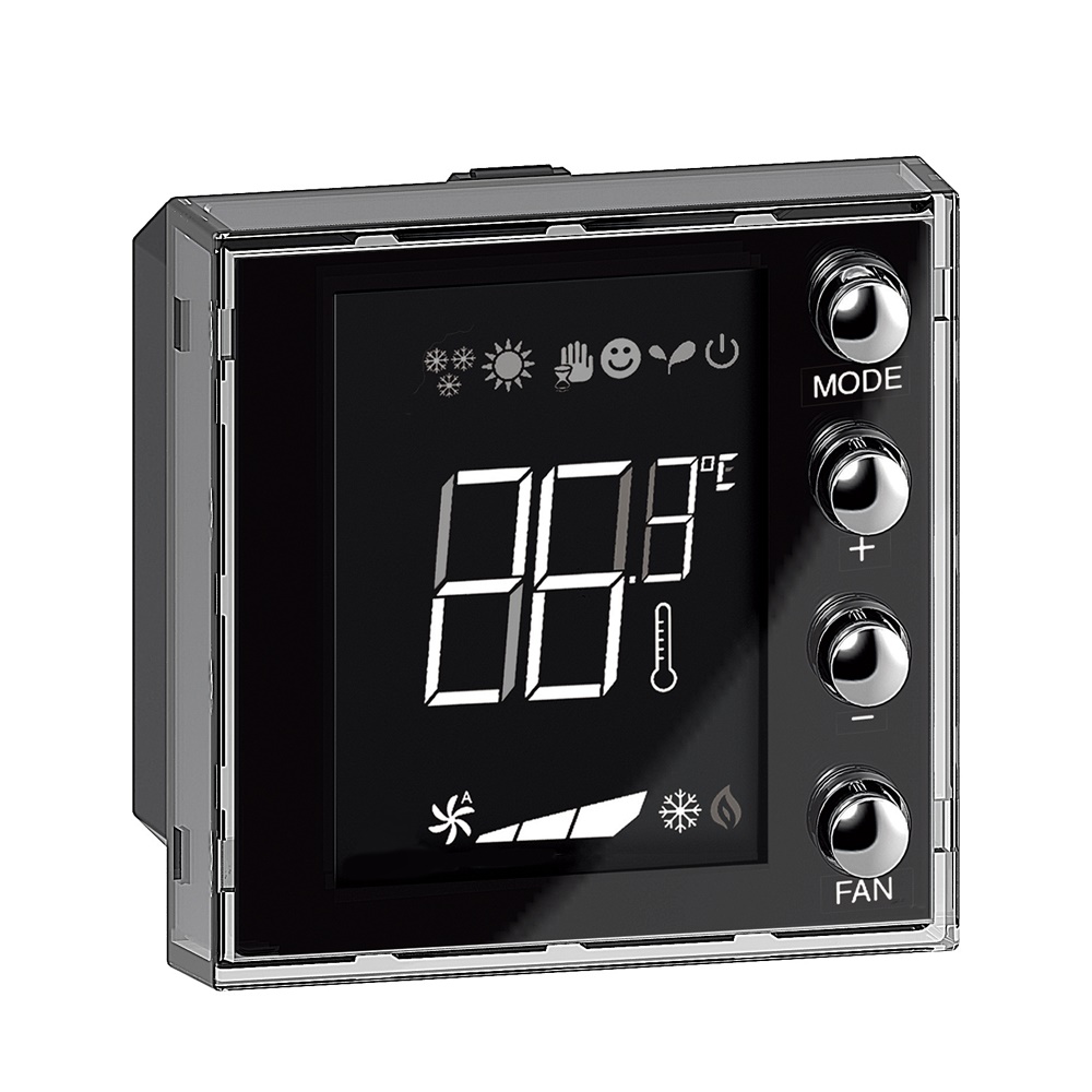Termostato KNX incasso LivingLight con display retroilluminato 1,6 e 4 pulsanti per controllo riscaldamento e raffrescamento, compatibile impianti domotici residenziali e commerciali