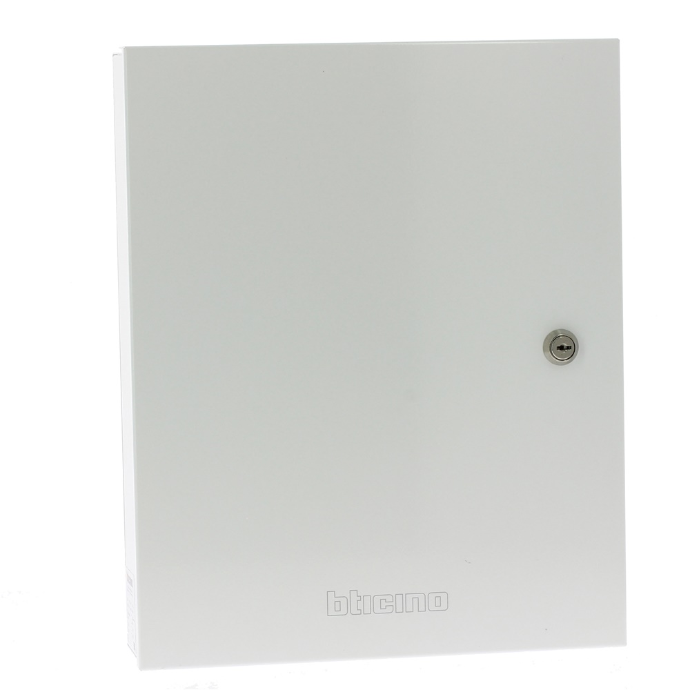 Contenitore metallico bianco 325x400x90 mm con chiusura a chiave per centrale 48 e 128, portafusibile e alimentatore 3A integrati, per impianti di sicurezza