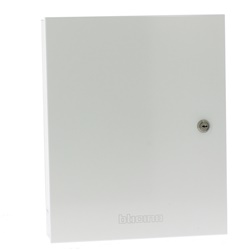 Contenitore metallico bianco 325x400x90 mm con chiusura a chiave per centrale 48 e 128, portafusibile e alimentatore 3A integrati, per impianti di sicurezza