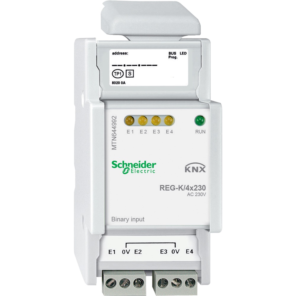 Ingresso binario KNX REG-K/4x230 per 4 dispositivi CA 230V con accoppiatore bus integrato e morsetti a vite su guida DIN