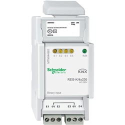 Ingresso binario KNX REG-K/4x230 per 4 dispositivi CA 230V con accoppiatore bus integrato e morsetti a vite su guida DIN