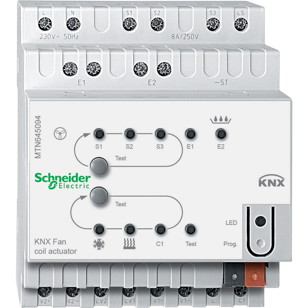 Attuatore fan coil KNX REG-K controllo 3 velocità 2 valvole installazione su guida DIN TH35