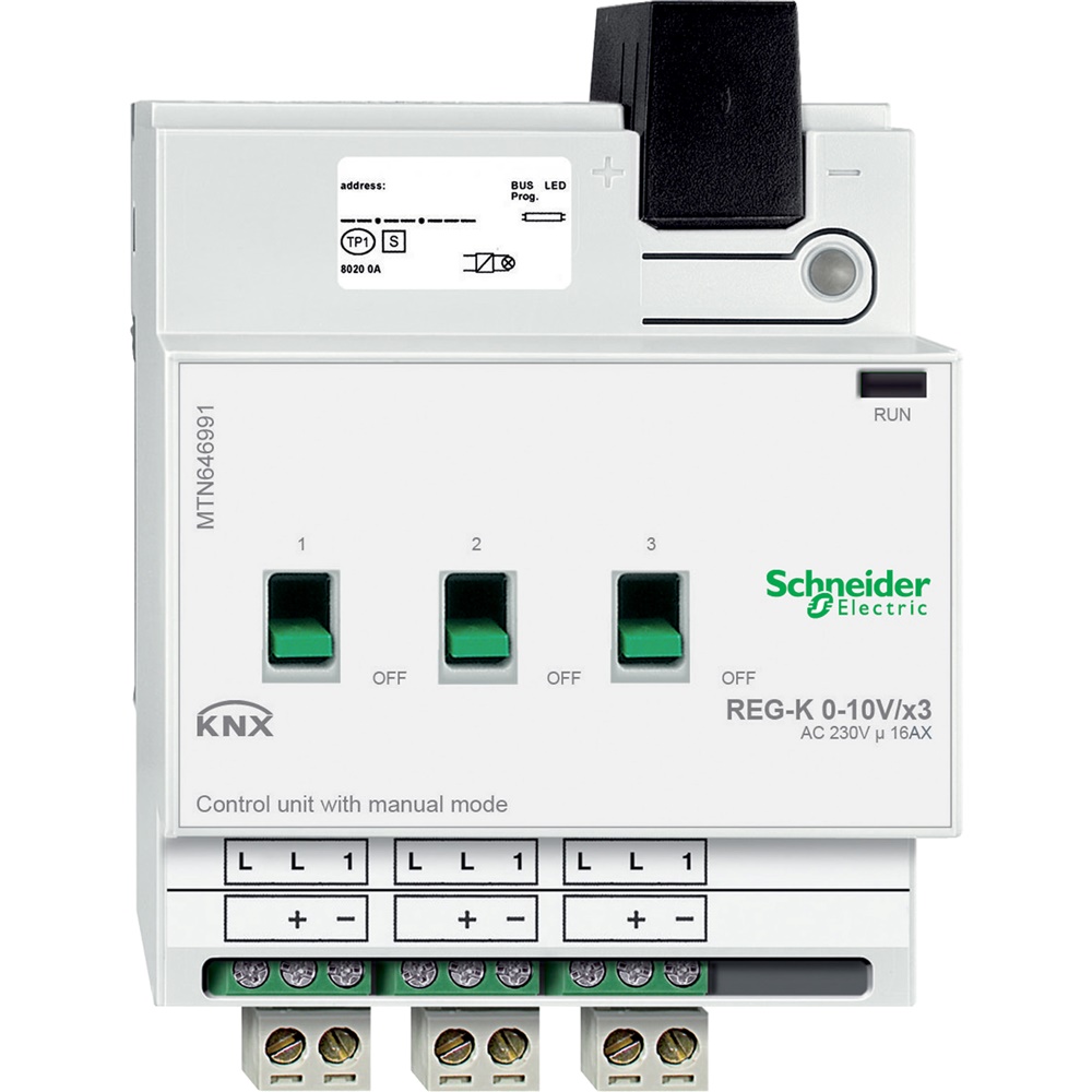 Unità comando KNX 0-10 V 3 canali modalità manuale per controllo illuminazione su guida DIN