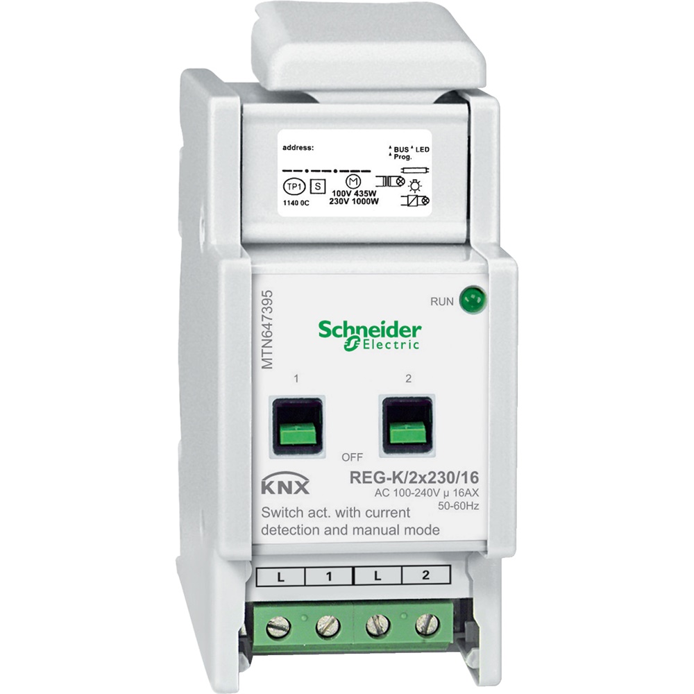Attuatore commutazione KNX 2 canali 230V 16A con rilevamento corrente e modalità manuale per automazione edifici
