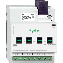 Attuatore commutazione KNX 4 canali 230V 16A con rilevamento corrente e modalità manuale per impianti domotici