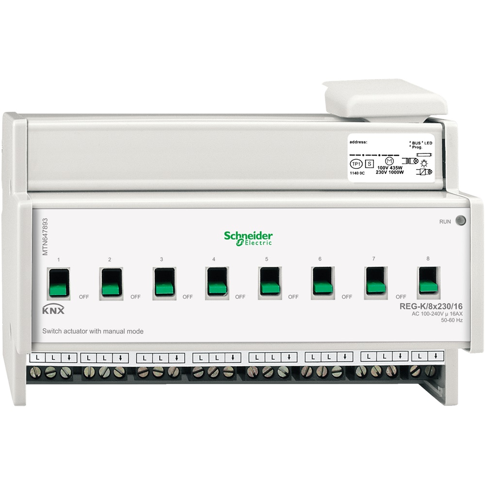 Attuatore commutazione KNX 8 canali 230V 16A modalità manuale per impianti domotici