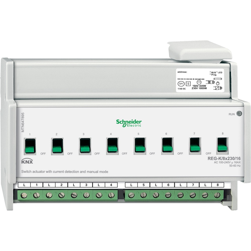 Attuatore commutazione KNX 8 canali 230V 16A con rilevamento corrente e modalità manuale per impianti domotici