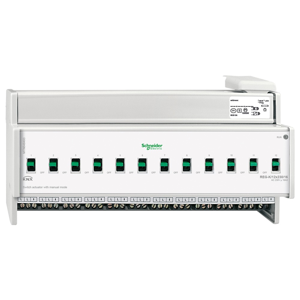 Attuatore commutazione KNX 12 canali 16A 230V modalità manuale guida DIN TH35