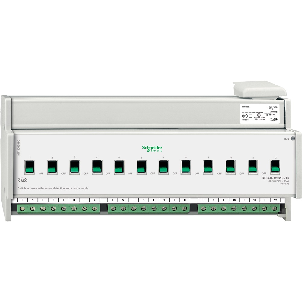 Attuatore commutazione KNX 12 canali 230V 16A con rilevamento corrente e modalità manuale per impianti domotici