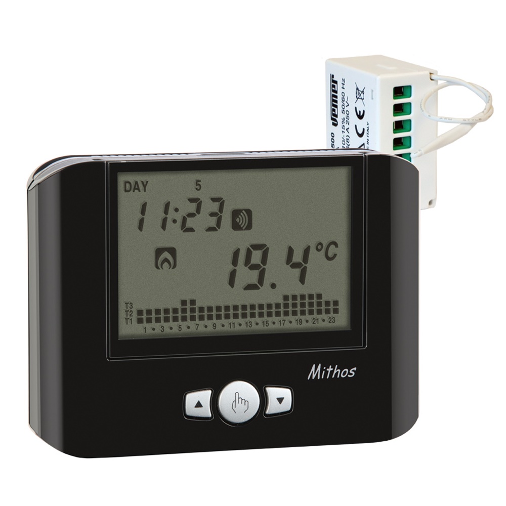 Cronotermostato Mithos RF Nero con Attuatore Remoto 16A per Controllo Riscaldamento e Condizionamento