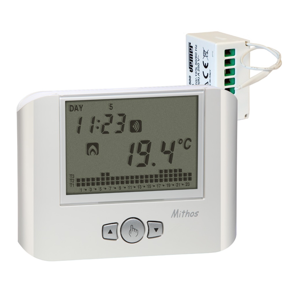 Set cronotermostato Mithos RF bianco con attuatore 16A controllo remoto automazione domestica senza fili
