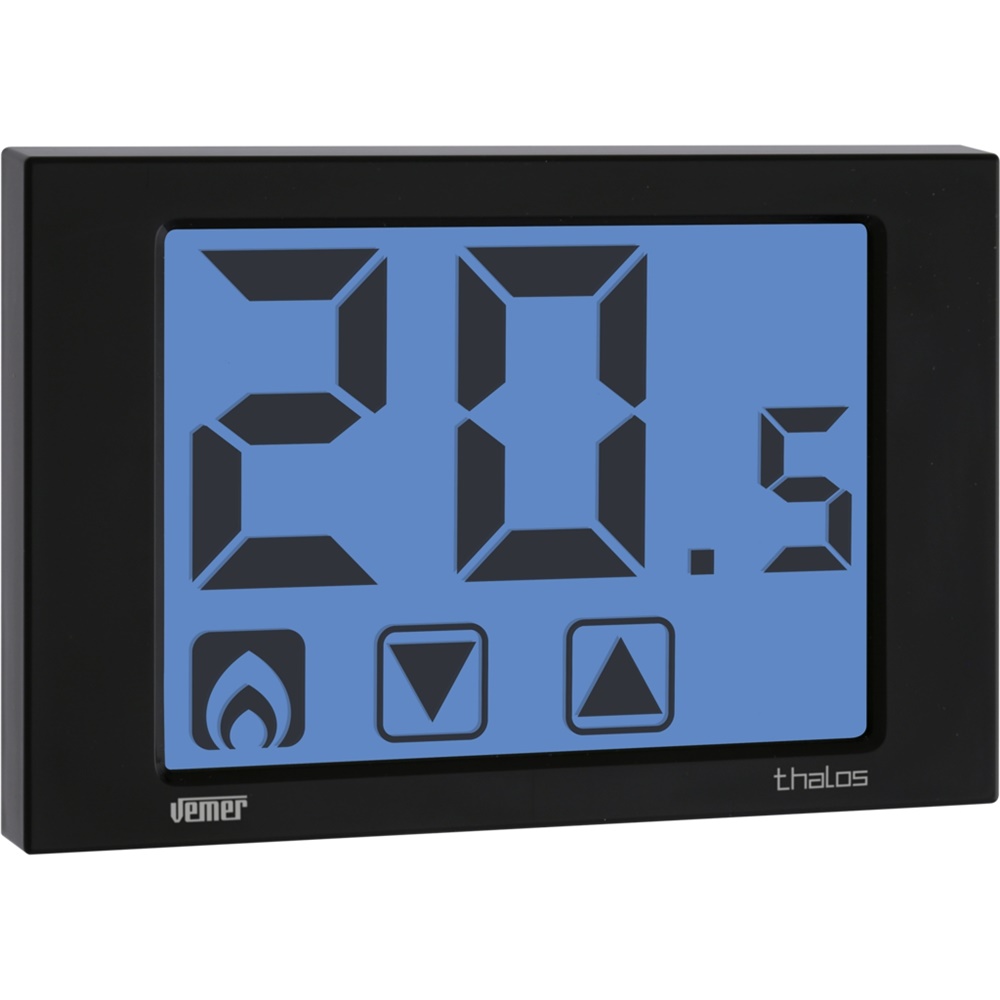 Termostato touch screen Thalos nero batteria con blocco tastiera e ingresso digitale per controllo temperatura ambiente