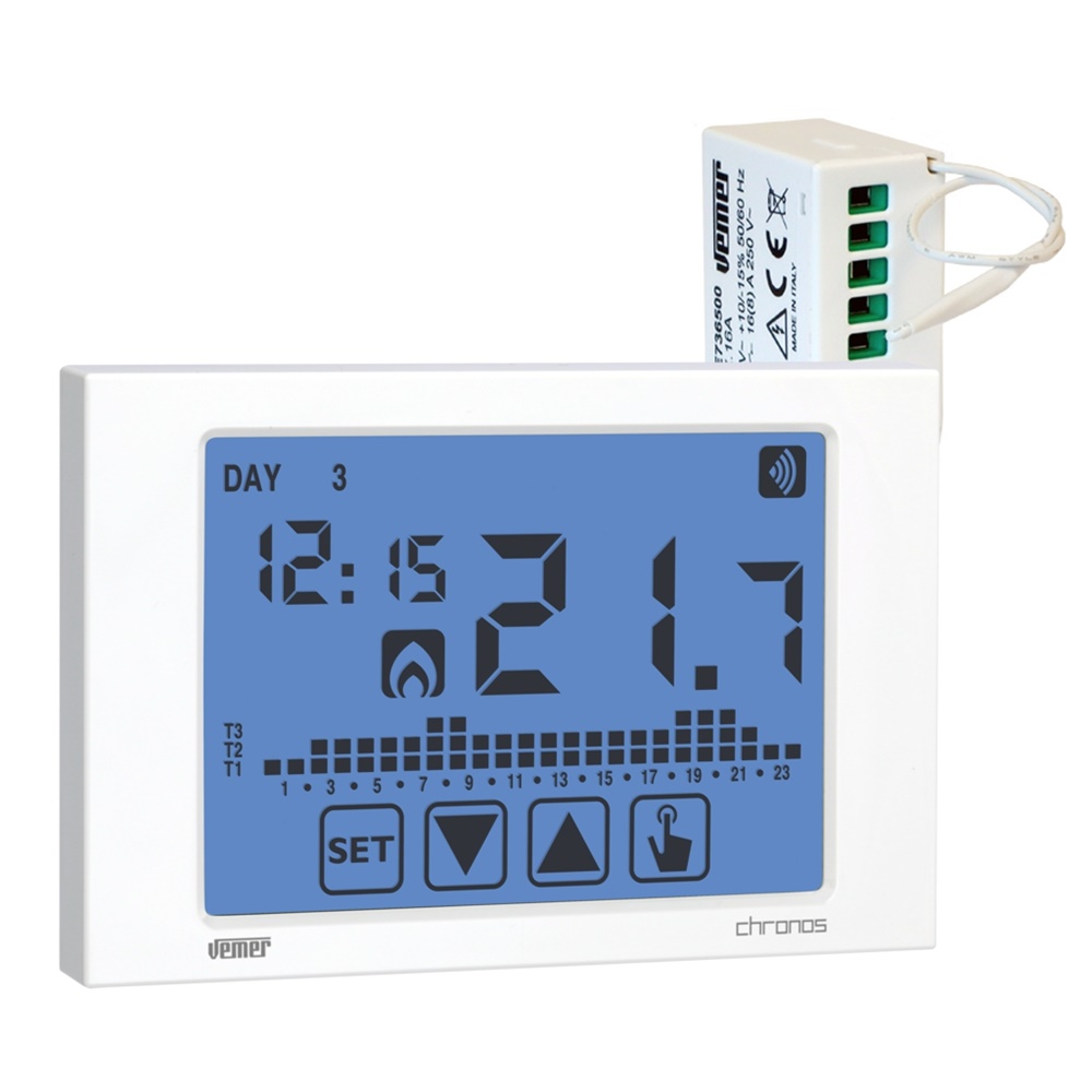 Set cronotermostato Chronos RF bianco con attuatore remoto 16A per controllo riscaldamento senza fili