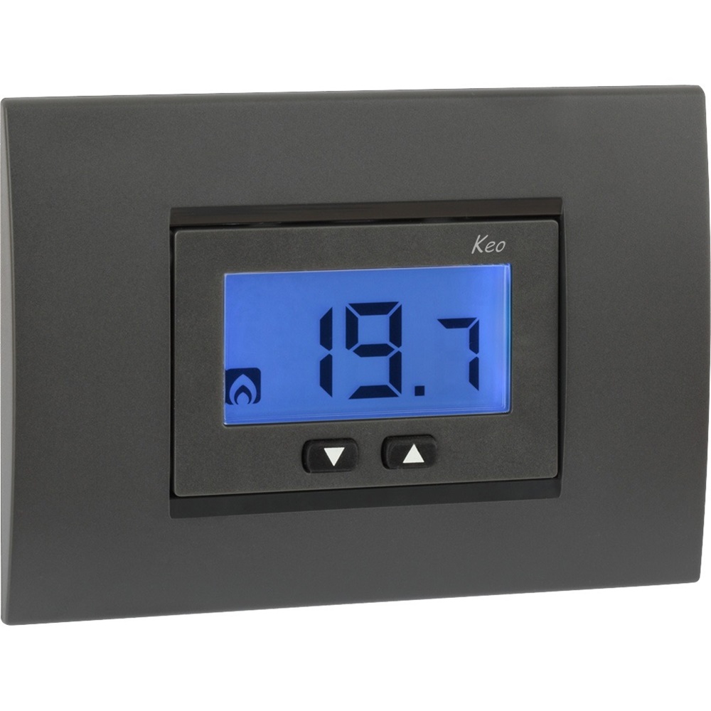 Termostato da incasso KEO-A LCD 230V con display retroilluminato blu e blocco tastiera per ambienti pubblici