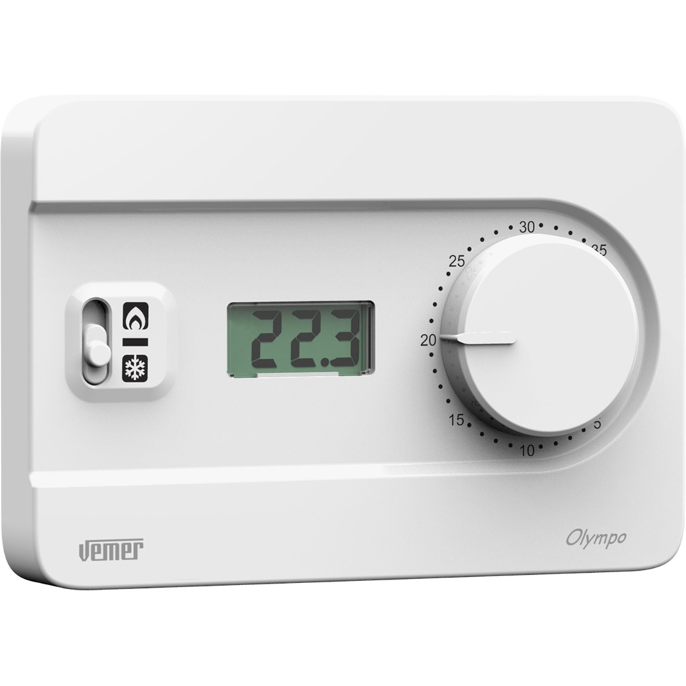 Termostato da parete OLYMPO LCD 230V bianco con manopola, display temperatura, controllo riscaldamento e condizionamento, limitazione setpoint per ambienti pubblici