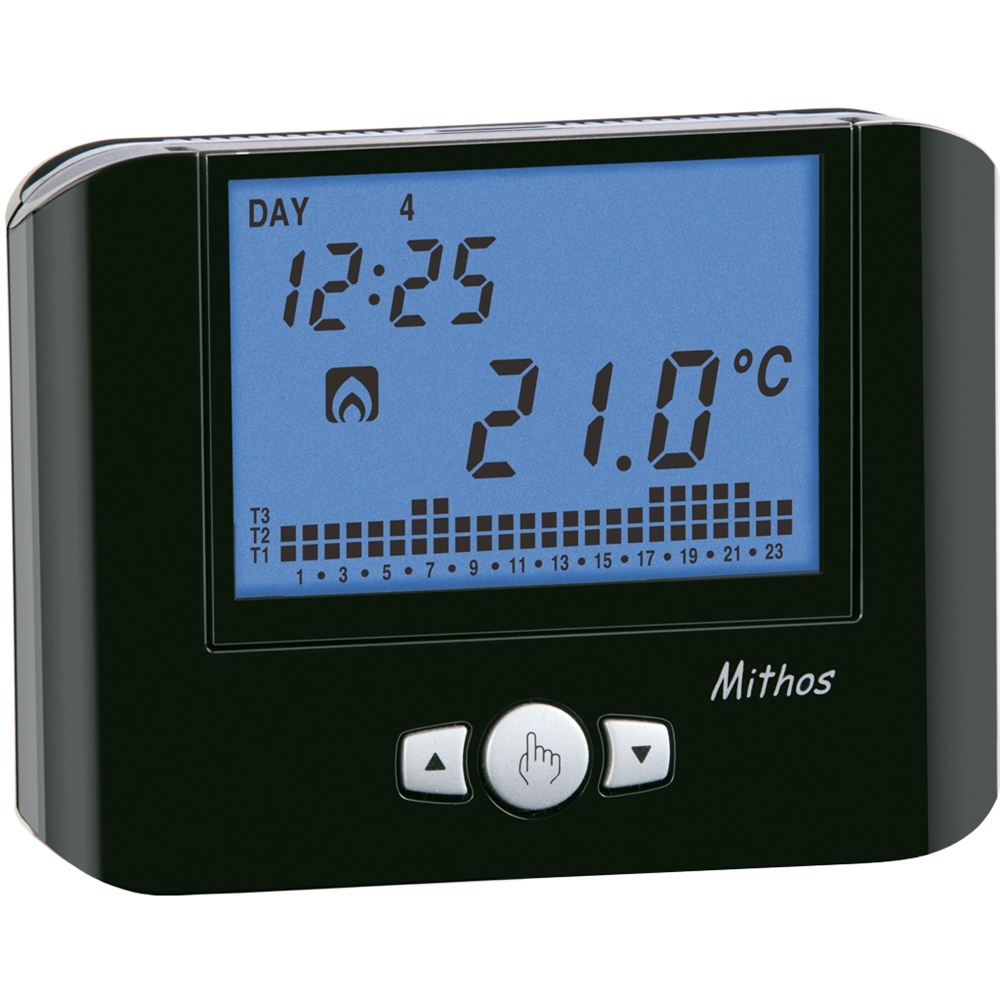 Cronotermostato da parete MITHOS 230 nero programmazione settimanale retroilluminato multicolore per controllo temperatura ambiente
