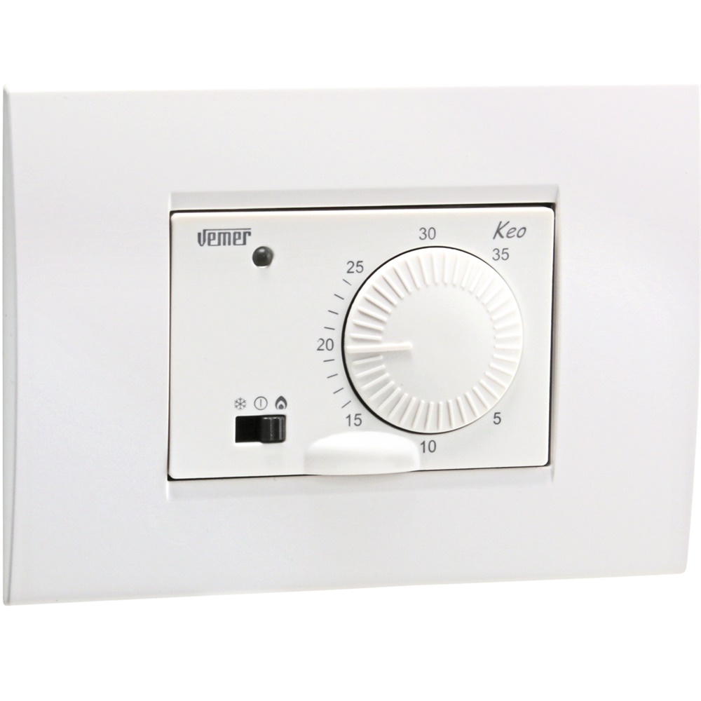 Termostato incasso a batteria KEO-B con manopola regolazione temperatura e selettore riscaldamento/condizionamento, limitatore setpoint, adattabile placche civili, uso domestico e pubblico