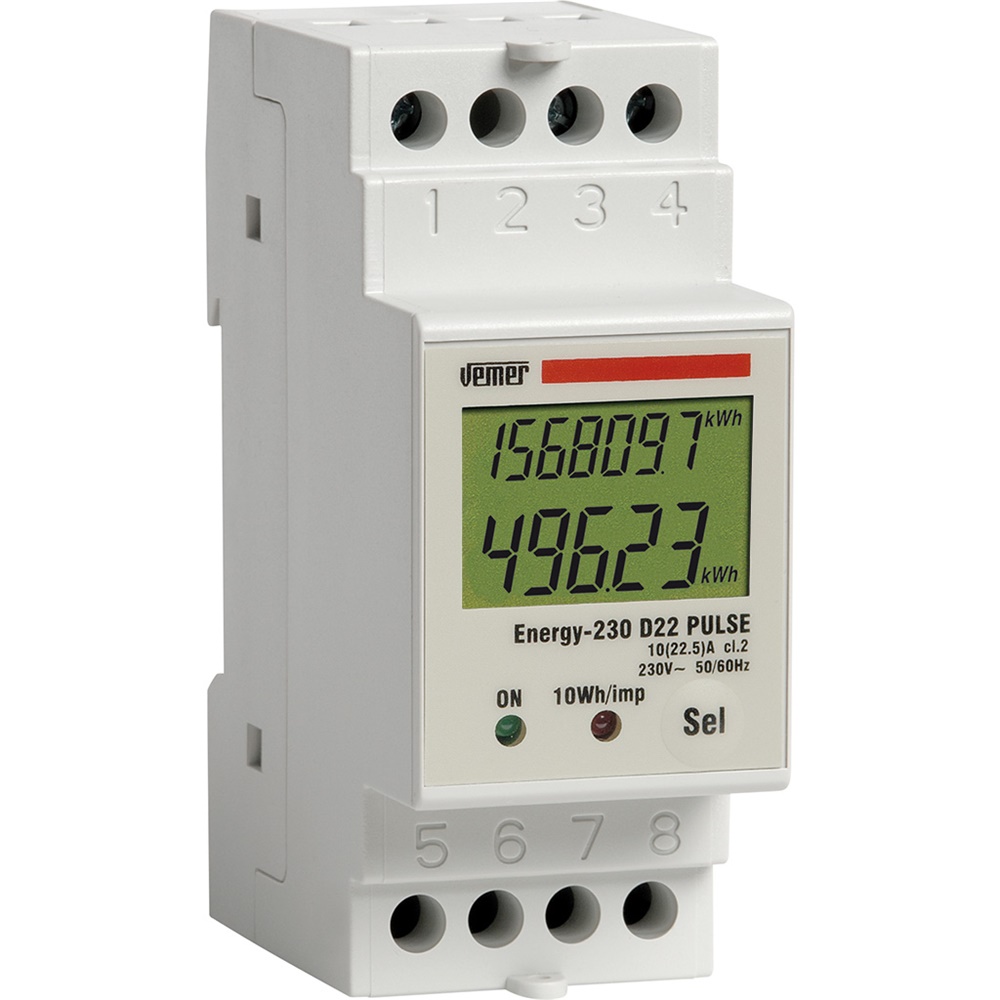 Contatore energia DIN 22,5A monofase con display LCD e uscita impulsi per monitoraggio consumi