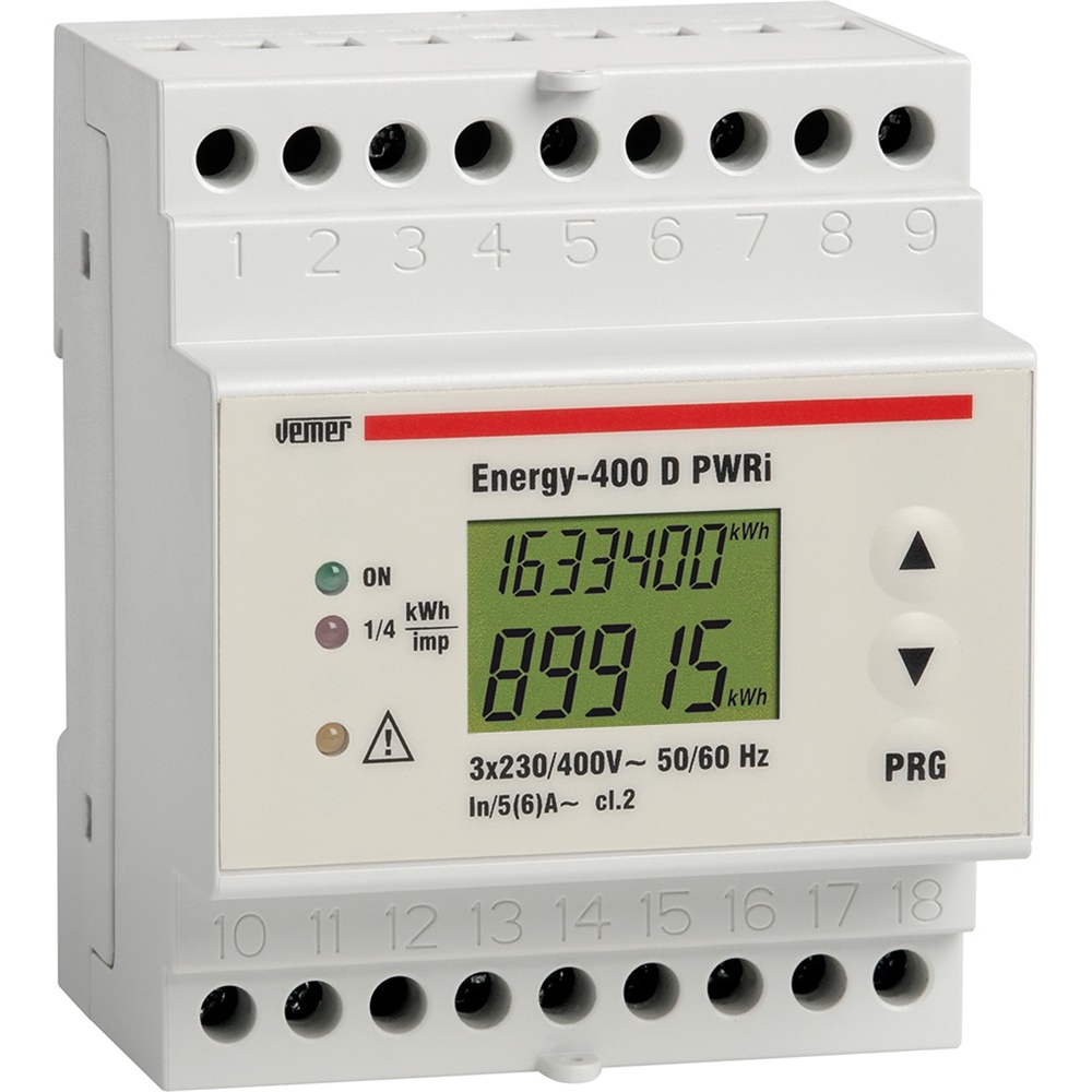 Contatore energia trifase ENERGY-400 D PWRI con display LCD e uscita impulsi montaggio DIN