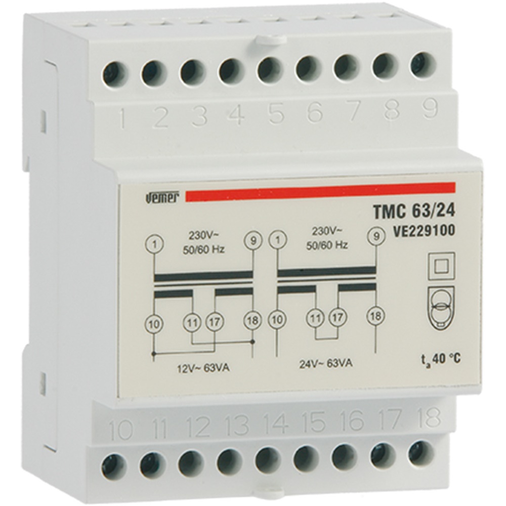 Trasformatore sicurezza 63VA 230V input 12-24V output montaggio barra DIN uso continuo