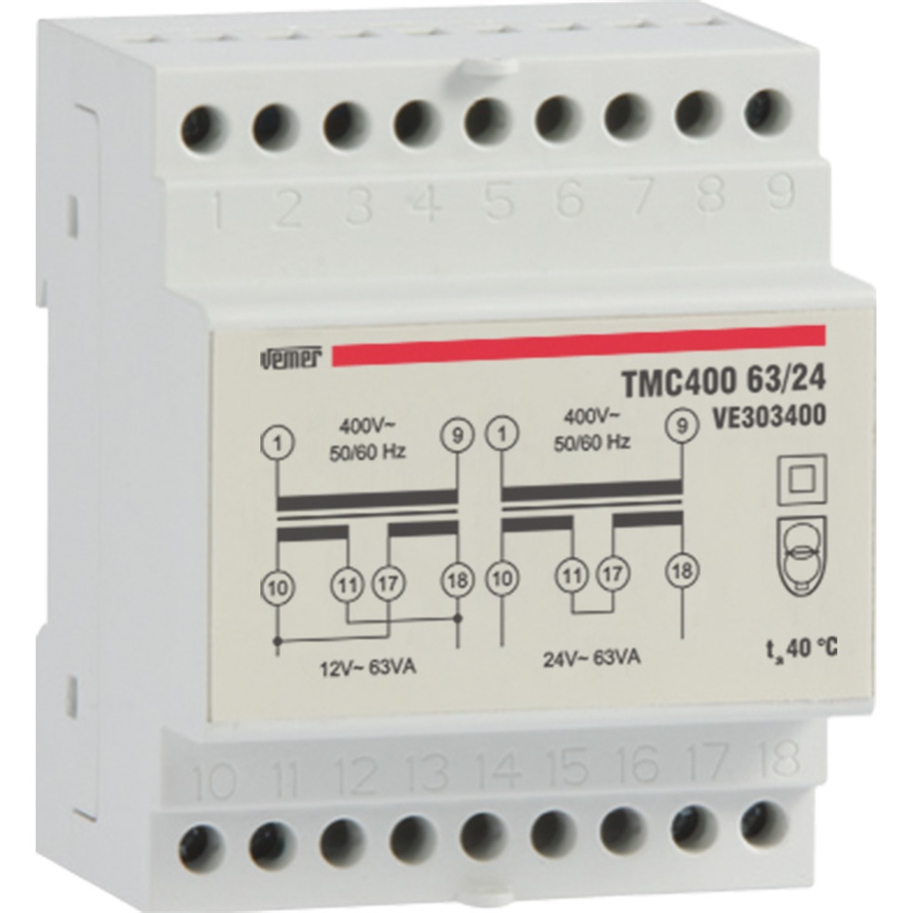 Trasformatore sicurezza 63VA 400/12-24V montaggio barra DIN uso continuo isolamento guasto