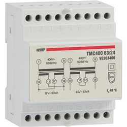 Trasformatore sicurezza 63VA 400/12-24V montaggio barra DIN uso continuo isolamento guasto