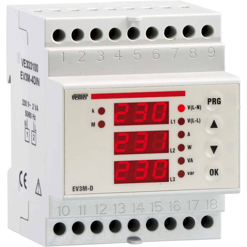 Wattmetro trifase multifunzione EV3M-4DIN misura parametri elettrici sistemi industriali e commerciali