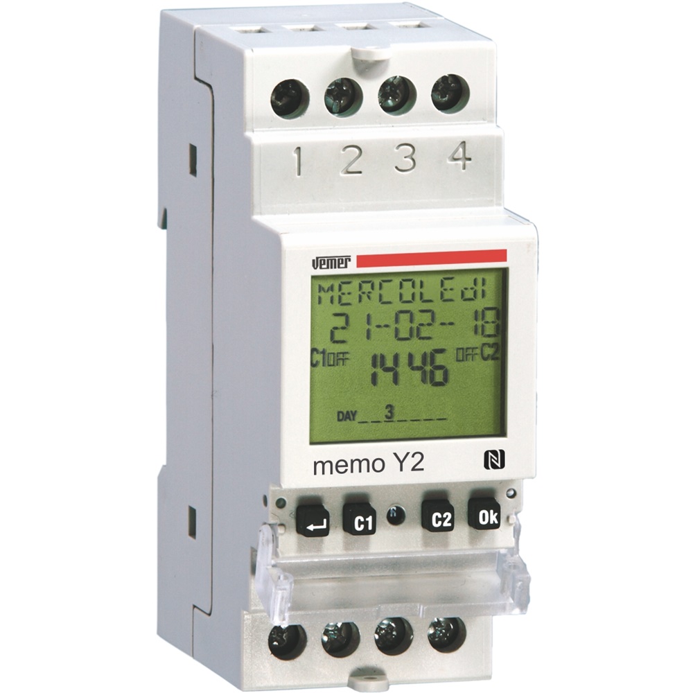 Orologio programmabile digitale MEMO Y2 2 canali gestione carichi elettrici annuale con NFC e display ampio