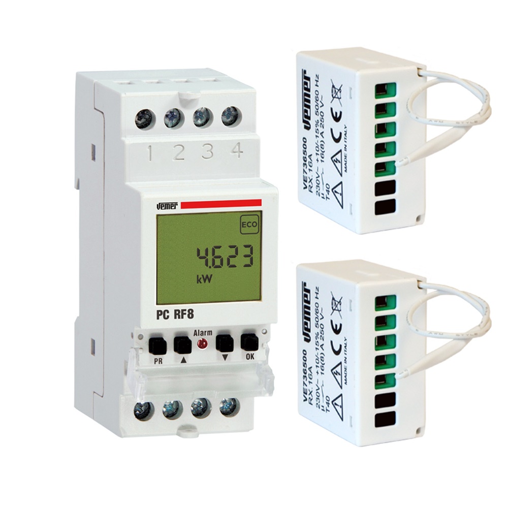 Set installazione gestione sovraccarico PC RF8 con 2 attuatori remoti RX 16A per impianti elettrici residenziali e commerciali