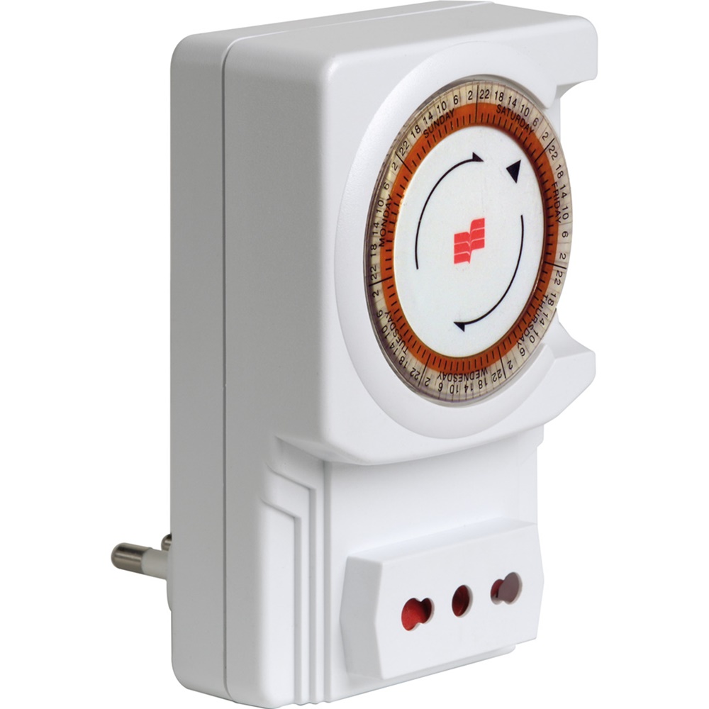 Interruttore orario elettromeccanico a spina TWIN PLUG con programmazione settimanale e presa bipasso 10A/16A per controllo temporizzato carichi elettrici