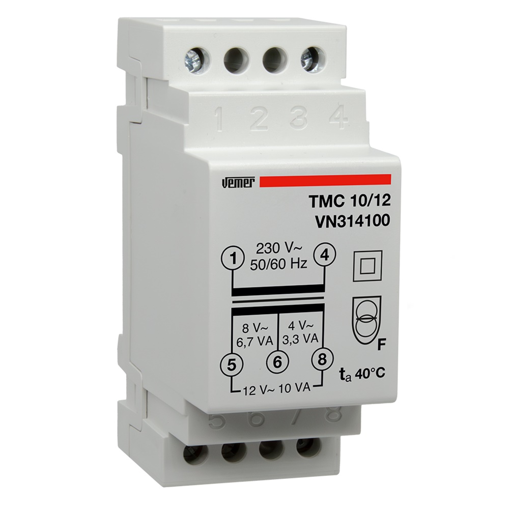 Trasformatore sicurezza 10VA 230V 0-8-12VAC montaggio barra DIN uso continuo